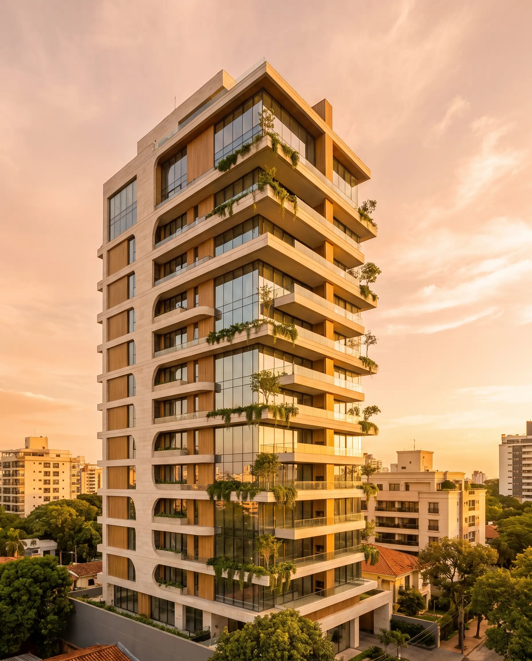 Torre residencial de lujo en Asunción iluminada por la luz cálida de la hora dorada