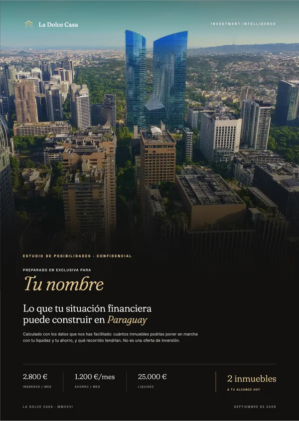 Portada del estudio de posibilidades, con el nombre del inversor y sus cifras de partida