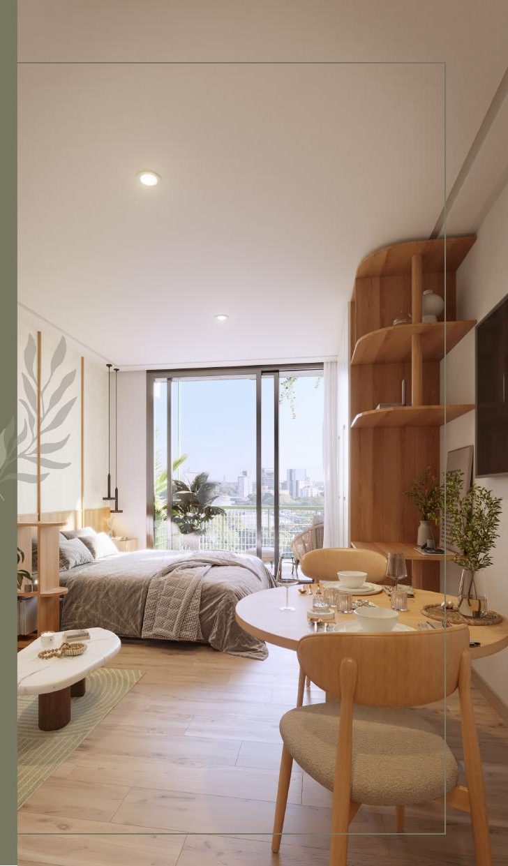 Estudio con dormitorio y balcón con vista a la ciudad