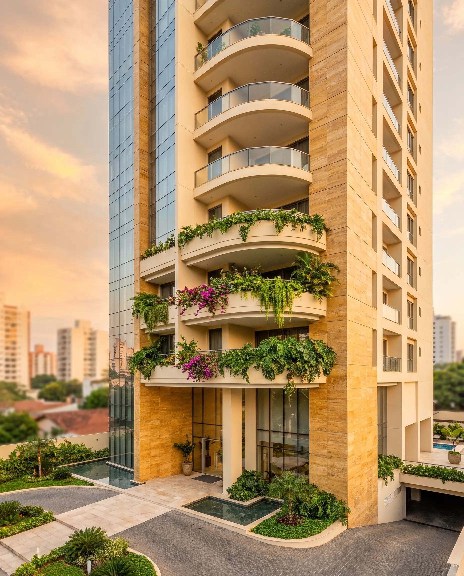 Torre residencial de lujo en Asunción con balcones ajardinados, iluminada por la luz cálida de la hora dorada