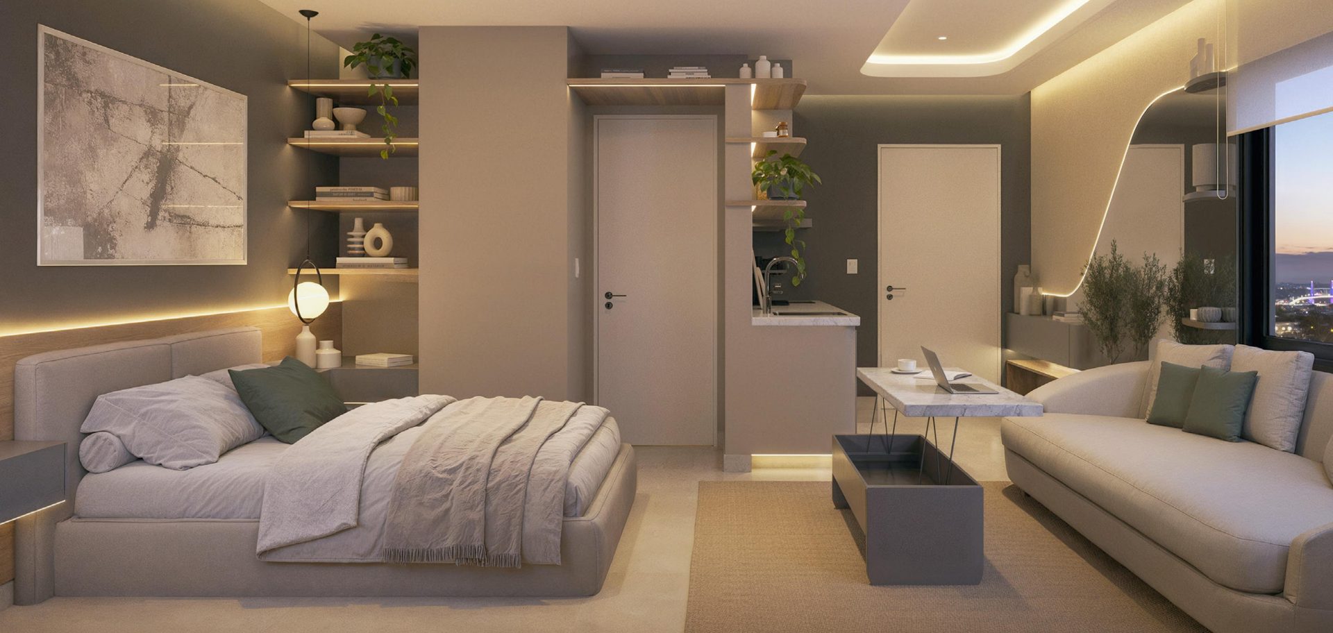Monoambiente de diseño con iluminación cálida