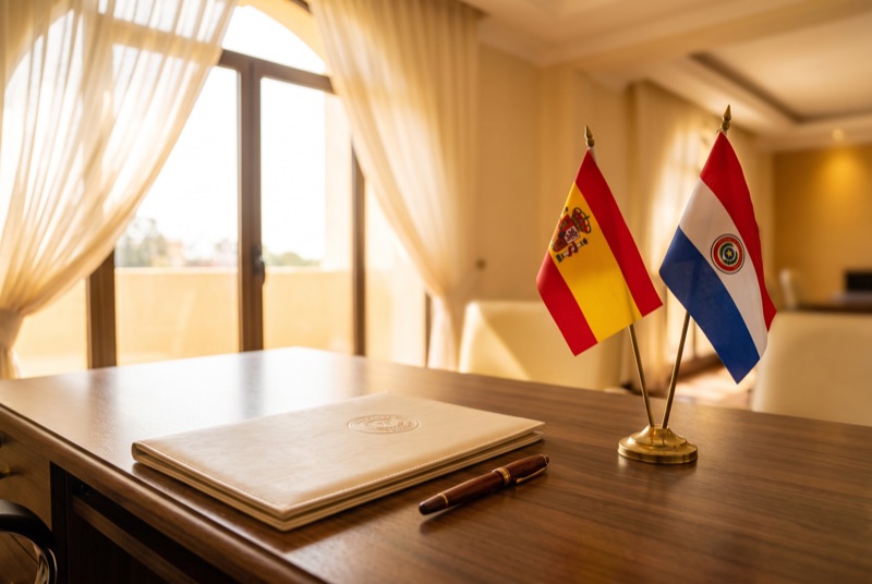 Banderas de mesa de España y Paraguay junto a la carpeta de documentación de residencia