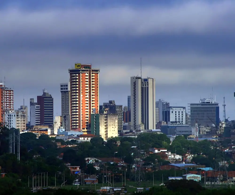 Torres del centro de Asunción sobre una masa de árboles